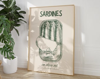 Sardines Tin Print, Kitchen Wall Art, Sardine Wall Art, Dining Room Decor, Retro Food Art, Vintage Kitchen Decor, Fish Poster, Seafood art