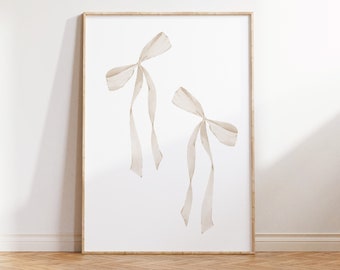 Beige Schleife Print, Preppy ästhetische Wanddeko, Teenagerzimmer Dekor, Preppy Poster, weiße Schleife Wohnung Dekor, neutrales Kinderzimmer Druck, Pastell Poster