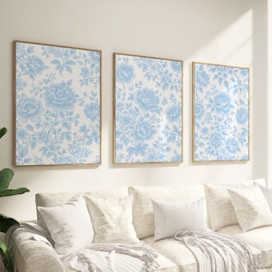 Arte de parede azul chinoiserie, conjunto de 3 pôsteres de tecido azul vintage, download digital, decoração de parede azul claro, arte delicada de flores
