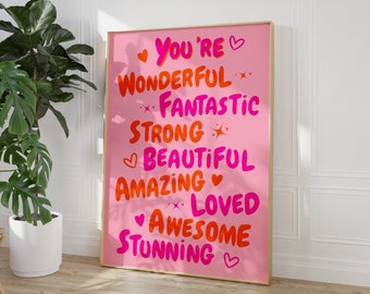 「You Are Amazing」ピンクオレンジポスター、ファンキーな70年代ピンクのウォールアート、ガーリーな寮の部屋の装飾、レトロなポスター、トレンディな印刷可能なアート、プレッピーなウォールアート