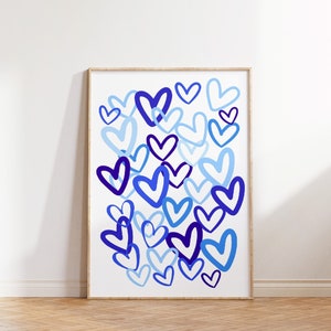 Herzen Druck, Blaue adrette Wandkunst, Graffiti Herzen Bunte Wandkunst Trendy Plakat Funky Plakat Girly Raumdekor druckbare Liebe, Liebesdruck