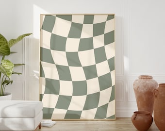 Arte de pared a cuadros, impresión artística de cuadros verde salvia, arte de pared imprimible en beige, póster retro funky, póster de tablero de ajedrez de moda, póster geométrico