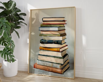 Book Lover Print, Stack of Books Painting, Gift for book lover, Bookworm Printable Art, Trendy Wall Art, Digital Print, Reading corner art