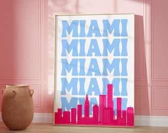 Impresión de viaje a Miami, descarga de arte digital, impresión de la exposición "Miami rosa y azul", arte mural moderno, póster rosa de Miami, decoración playera para dormitorio universitario