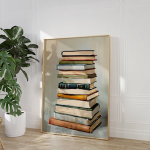 Stampa per amanti dei libri, dipinto su una pila di libri, regalo per amanti dei libri, stampa artistica per topi di biblioteca, arte murale alla moda, stampa digitale, arte per angolo lettura
