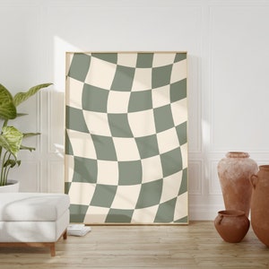 Karierte Wandkunst, Salbei Grünes Schachbrett Art Print, Beige druckbare Wandkunst, Retro Funky Plakat, trendiges Schachbrettplakat, geometrisches Plakat