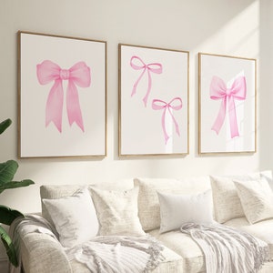 Impression noeud rose, lot de 3, art mural BCBG, décoration de chambre d'ado, affiche preppy, déco d'appartement universitaire, affiche pastel d'art mural girly de chambre d'enfant