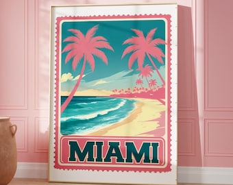 Póster de viaje retro pastel de Miami Beach, arte de pared imprimible, estilo sello, arte digital, decoración estética de verano para chicas, para galería de pared, South Beach