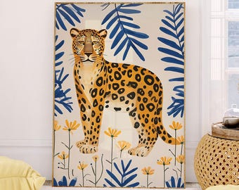 Leopard Art Print Trendy Floral Cheetah Print Big Cat Animal Jungle Poster Maximalist Feline Tiger Illustration Bright Home Decor Office