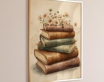 May include: A framed art print depicting a stack of antique books in brown and green hues, adorned with a bouquet of cream flowers. The artwork has a watercolour effect, and is set within a gold-coloured frame.