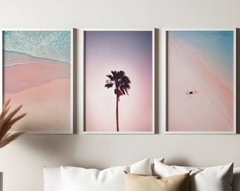 Beach Gallery Set of 3 prints, Beachy prints, Coastal Wall Art Pink Surf poster, tryptic wall art, California Ocean Wall Art, preppy Beach