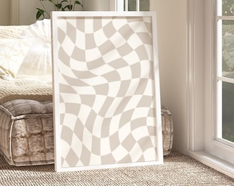 Checkered Wall Art, Beige Checker Art Print, Beige Printable wall art, Retro Funky Poster, Trendy checkerboard Poster, Beige neutral art