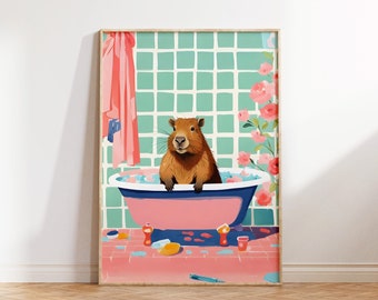 Capybara Print, Capybara Bad Poster, Badezimmerdekoration, Capybara Liebhaber Geschenk, Tier Wandkunst, Boho druckbare Illustration, digitaler Download