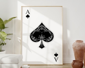 Carta de juego As de Picas, impresión digital, arte mural moderno para sala de juegos, arte mural de moda, impresión retro de póker, póster en blanco y negro