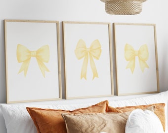 Arte de pared con lazo, juego de 3 impresiones, impresión artística amarilla, decoración moderna para dormitorio, dormitorio universitario, impresión estética con lazo, decoración universitaria amarilla