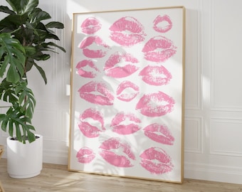 Kiss Lips Wall Art, Pink Lips Print, Trendy Digital Prints, Dorm Poster, Funky Preppy Print, Fashion Wall Art, Blush Pink Make Up Poster