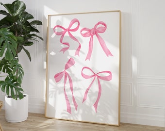 Pink Bow Print, Preppy aesthetic wall art, pastel teen room decor, coquette room decor, college apartment decor, pink nursery girly wall art