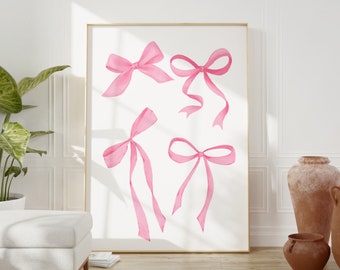 Pink Bow Print, Preppy aesthetic wall art, pastel teen room decor, coquette room decor, college apartment decor, pink nursery girly wall art