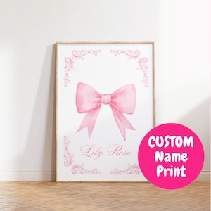 Benutzerdefinierten Namen Print, personalisierte Name Prints, neues Baby Geburt Print, Baby Kinderzimmer druckbar, Kinder Wandkunst, Name druckbar, rosa Schleife Plakat