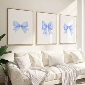 Blue Bow Print, set of 3 prints, Preppy wall art, teen room decor, light blue bow posters, kids room decor, nursery wall art, pastel poster