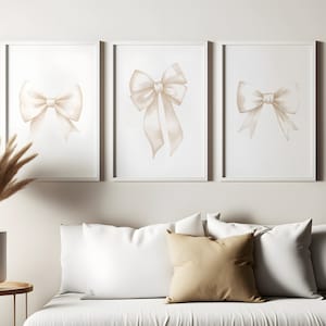 Beige Bow Print, set of 3, Preppy wall art, teen room decor, white bow print, college apartment decor, nursery girly wall art  pastel poster
