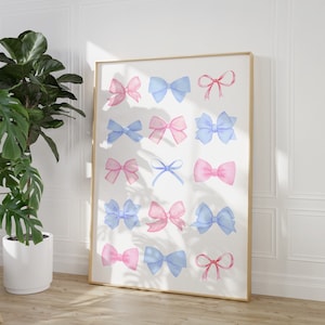 Pink Bow Print, Blue Bow Poster, Preppy aesthetic wall art, teen room decor, college apartment decor, nursery girly wall art ,pastel poster
