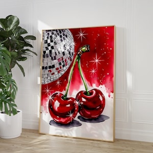 Rote Kirsche Disco Ball Print Trendige Kirschen Wand Kunst Disco Kirsche Preppy Wand Dekor Bar Warenkorb Kunst Retro funky Plakat bunt y2k Plakat