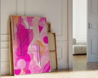 Puede incluir: Impresión artística abstracta enmarcada, con formas rosas, fucsias y naranjas. Líneas negras y detalles dorados complementan el diseño. La obra se apoya en una pared blanca, con una vista de una habitación al fondo.