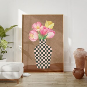 Decoración escandinava a cuadros para el hogar, impresión de ramo de flores, descarga digital, ilustración de jarrón, arte imprimible, póster bohemio, arte mural a cuadros
