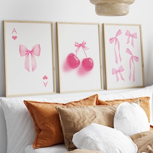 Pink Bow Print, set of 3  prints, Pink Bows Wall Art, Preppy wall art, teen room decor, Pastel Ace of Hearts poster, Trendy girly wall art