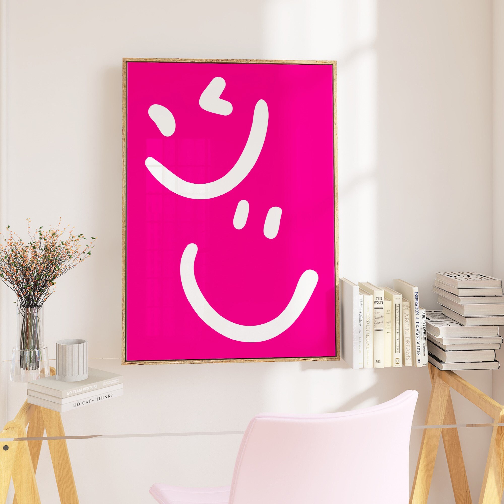 Pink Smiley Face Poster, Hot Pink Preppy Prints, Fun Smileys Wall Art ...
