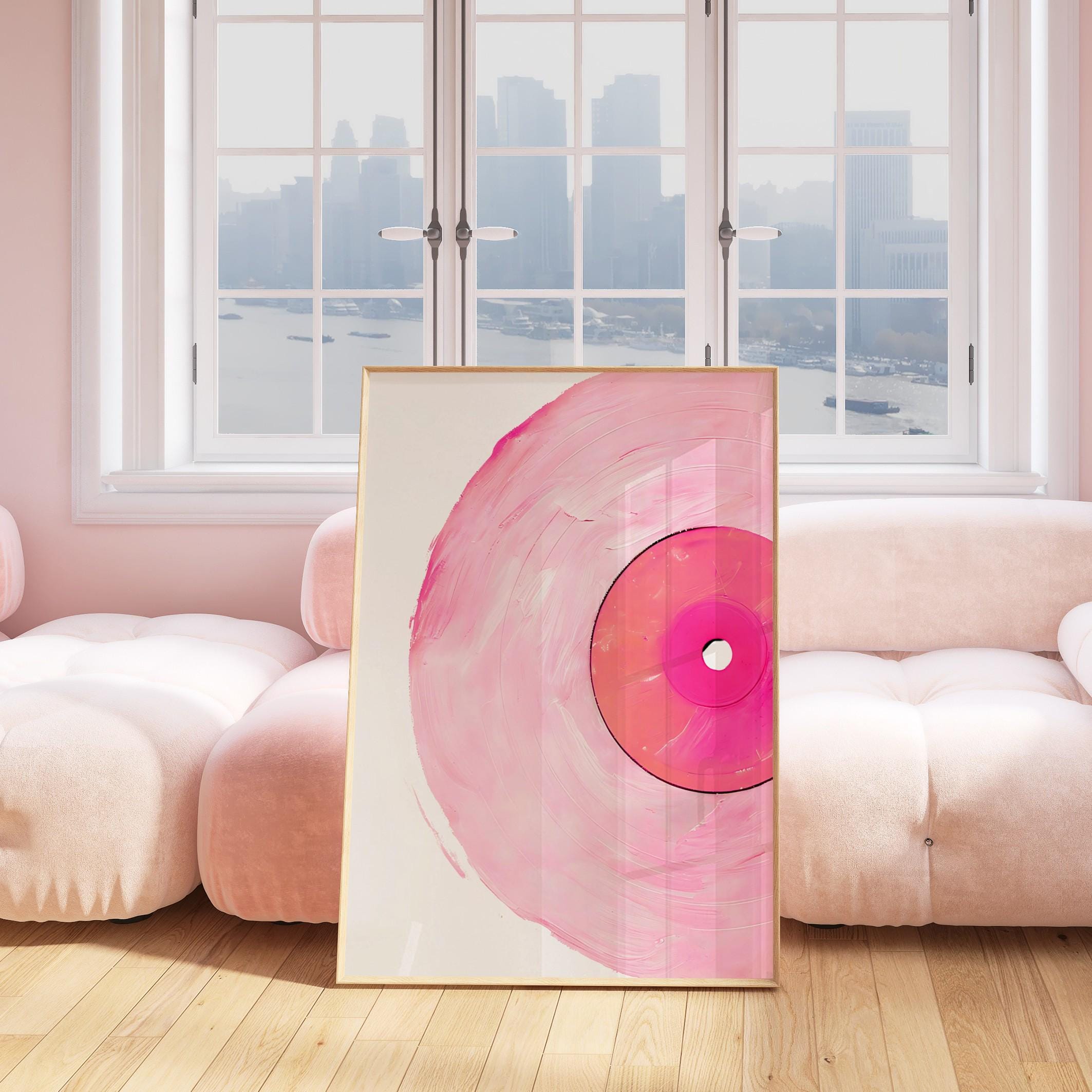 レコードと女の子のアクリル画 Pink Vinyl Record Wall Art Retro Girly Print Trendy Pastel Woman
