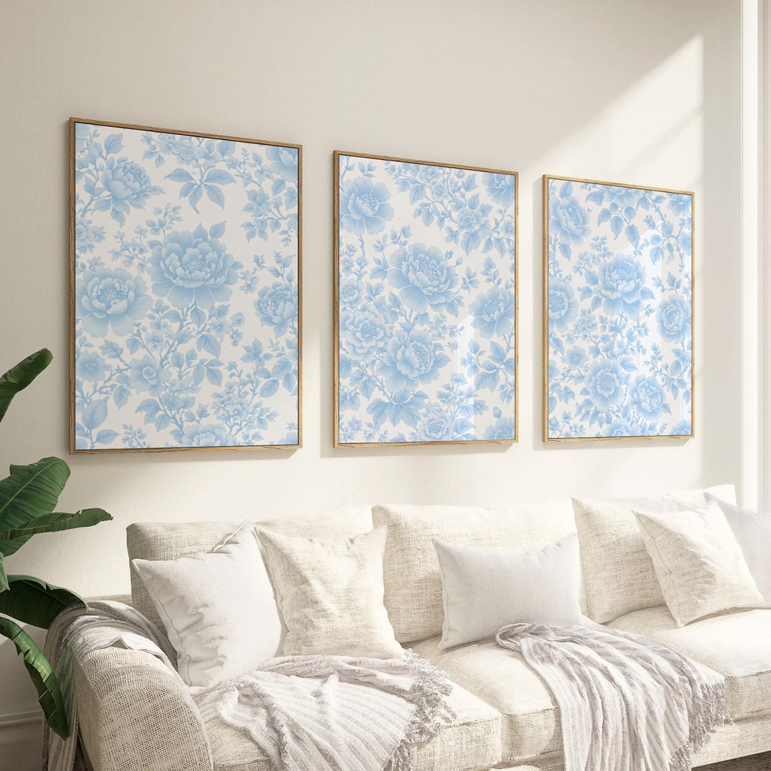 Blue Chinoiserie Wall Art Blue Vintage Floral Print Set of 3 Blue Toile ...