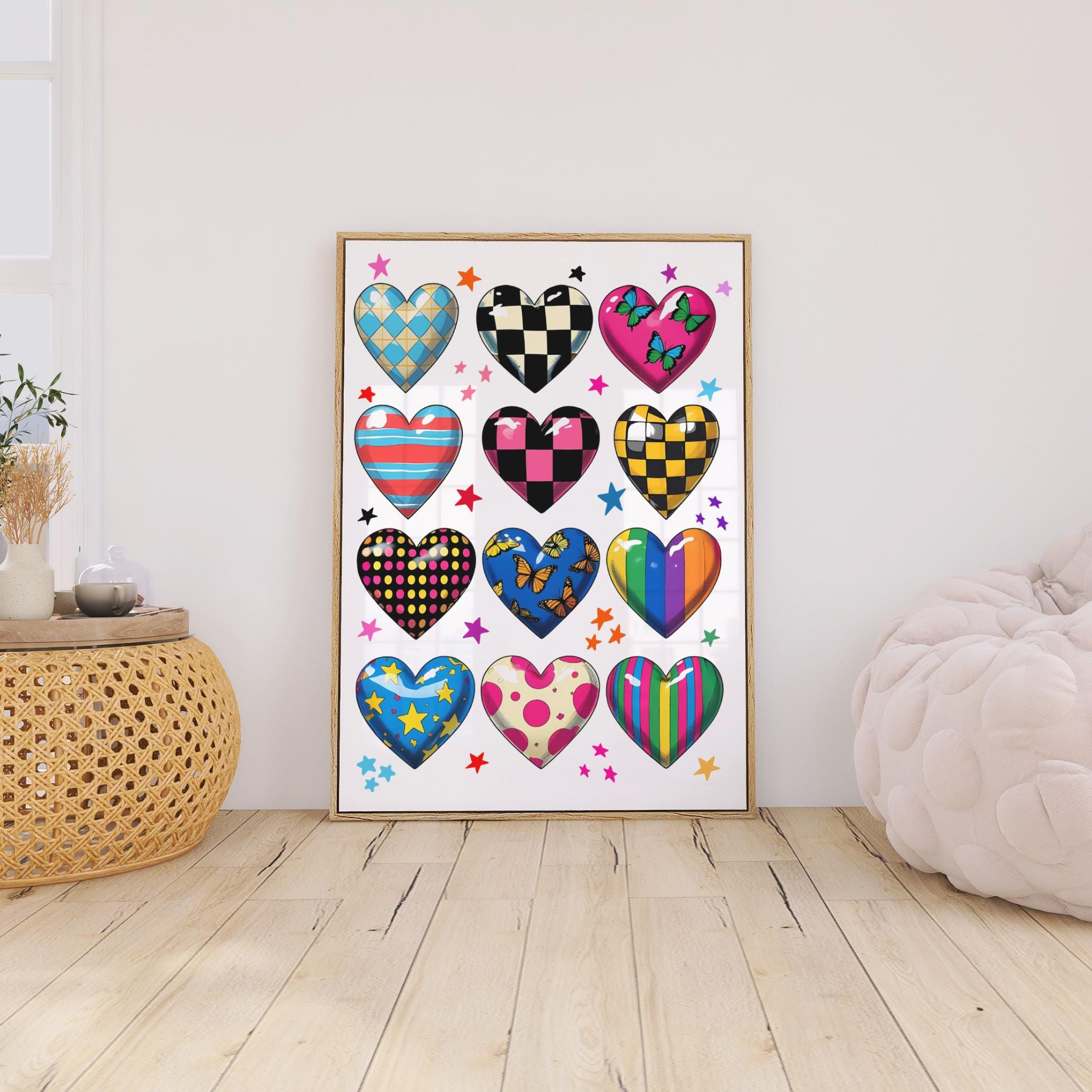 Retro Hearts Print: Girly Checkered Poster, Dopamine Decor