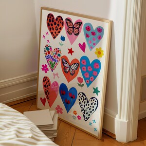 Colorful Hearts print Girly Dopamine wall art Maximalist Handrawn Poster Funky bedrroom decor Love Gift for her Eclectic Floral Animal Print