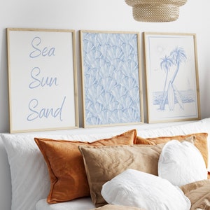 Seashell Print, Set of 3, Coastal Cowgirl Printable Poster, Blue Coastal wall art, Grandma Aesthetic, Beach House Decor, College Dorm Room