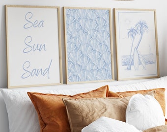 Seashell Print, Set of 3, Coastal Cowgirl Printable Poster, Blue Coastal wall art, Grandma Aesthetic, Beach House Decor, College Dorm Room