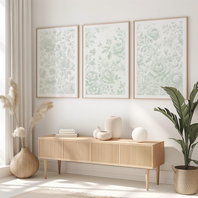 Chinoiserie Wall Art Sage Green Vintage Floral Print Set of 3 Posters