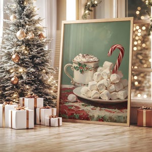 Green Christmas Wall Art Printable Winter Holiday Decor Festive Hot Chocolate Print Retro XMAS Painting Candy Cane Poster
