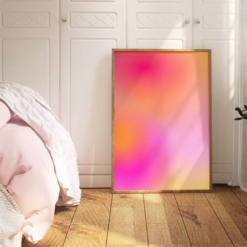 Rosa orange aura-väggkonst, suddigt gradienttryck, rosa glöd, andlig poster, positiv självvårdskonst, auraenergi, drömsk auragradient bild 2
