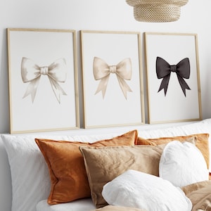 Beige Bow Print, set of 3, Black Bow poster, teen room decor, white bow print, cute apartment decor, neutral nursery wall art, pastel poster