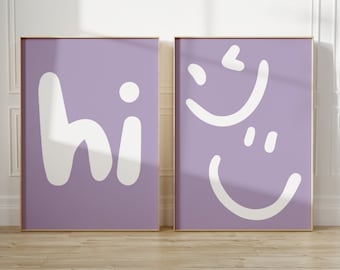 Hej Print Lavendel väggkonst Hej väggkonst Glad posters, Utskrivbar konst Leende ansikte tryck Lila rolig väggkonst Lila set med 2 tryck