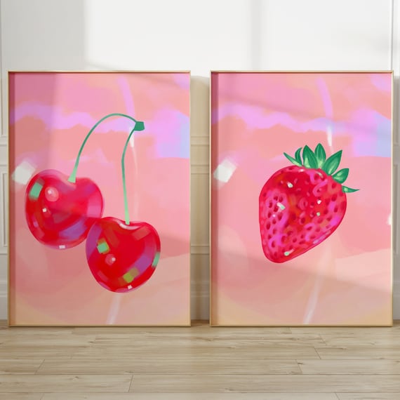 Cherries Print Y2k Print Maximalist Room Decor Pink Poster Trendy Funky Wall art Digital Download Retro Cherry Preppy Wall Deco  set of 2