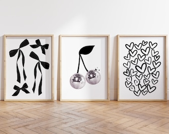Black Bow Print, 3er-Set Prints, Cherry Deko, 3er Set, Cherry Deko Wandbild, Preppy ästhetische Wandkunst, Jugendzimmer Dekor, schwarz weißes kokettes Poster