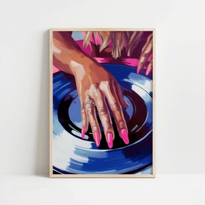 Platenspeler muur kunst vrouw retro schilderij kunst vintage muziekliefhebber poster coole barwagen kunst eclectische DJ meisje mode lied minnaar cadeau