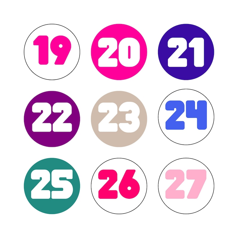 May include: Nine colorful circles with white numbers 19 through 27 inside. The circles are arranged in three rows of three.