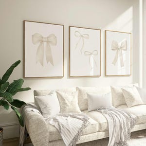 Beige Bow Print, set of 3, Preppy wall art, teen room decor, white bow print, college apartment decor, nursery girly wall art  pastel poster