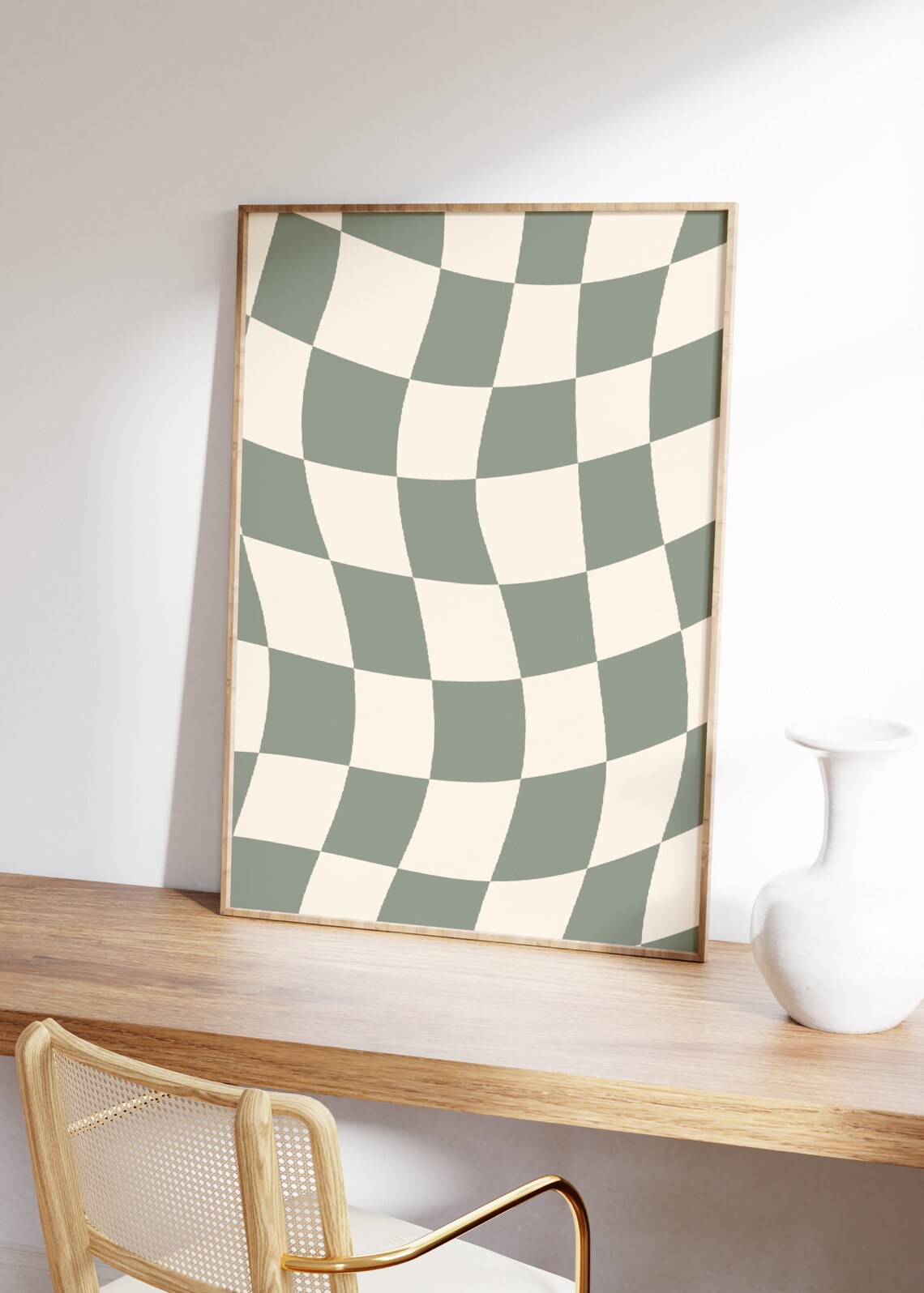 Checkered Wall Art, Sage Green Checker Art Print, Beige Printable Wall ...