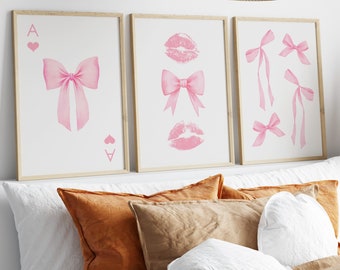 Pink Bow Print, set of 3  prints, Blush Pink Bows Wall Art, Preppy wall art, teen room decor, Ace of Hearts poster, Trendy girly wall art