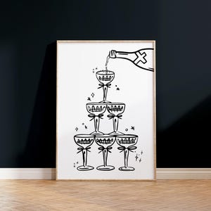 Black and white Champagne Wall Art Champagne Tower Print Girly Bar Cart Decor Alcohol Wall Decor Trendy Minimalist Cocktail Art Print Digital Download dorm room decor Girly apartment decor Gift Valentine's day decor